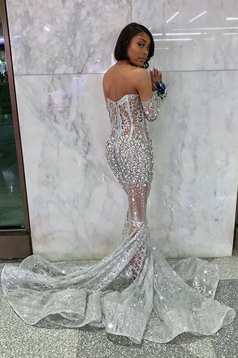 Long Sleeve Off The Shoulder Silver Prom Dresses nv839