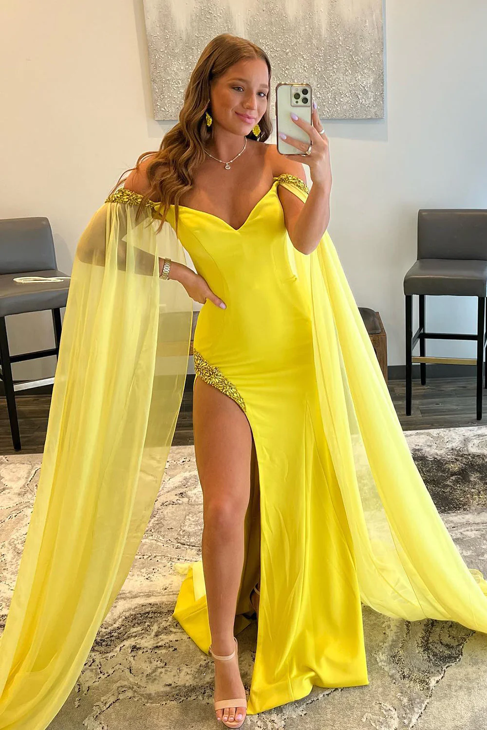 A Line Off the Shoulder Yellow Long Prom Dress with Slit nv702