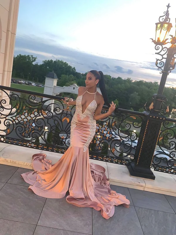 A Line V Neck Mermiad Long Prom Dress, With Train Appliques Prom Dress nv873