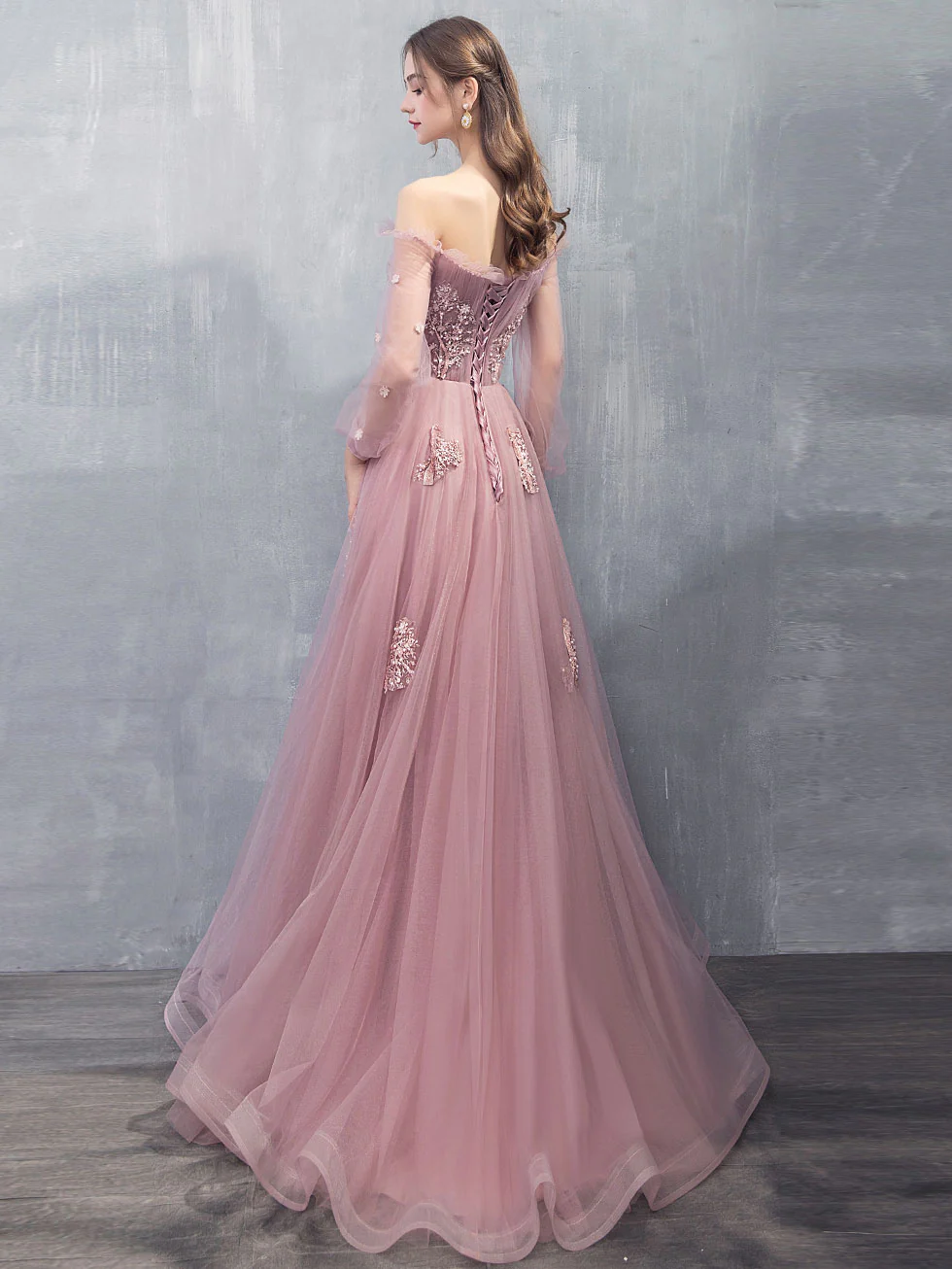 Pink A-line Tulle Lace Long Prom Dress Pink Lace Evening Dress nv861