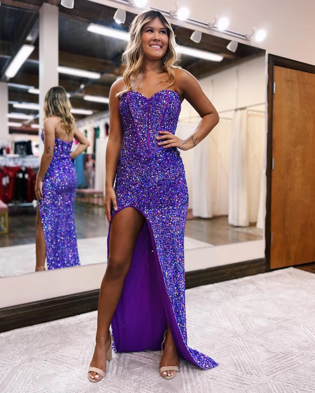 Süße Meerjungfrau Sweetheart Blau Samt Pailletten Lange Ballkleider mit Schlitz nv580