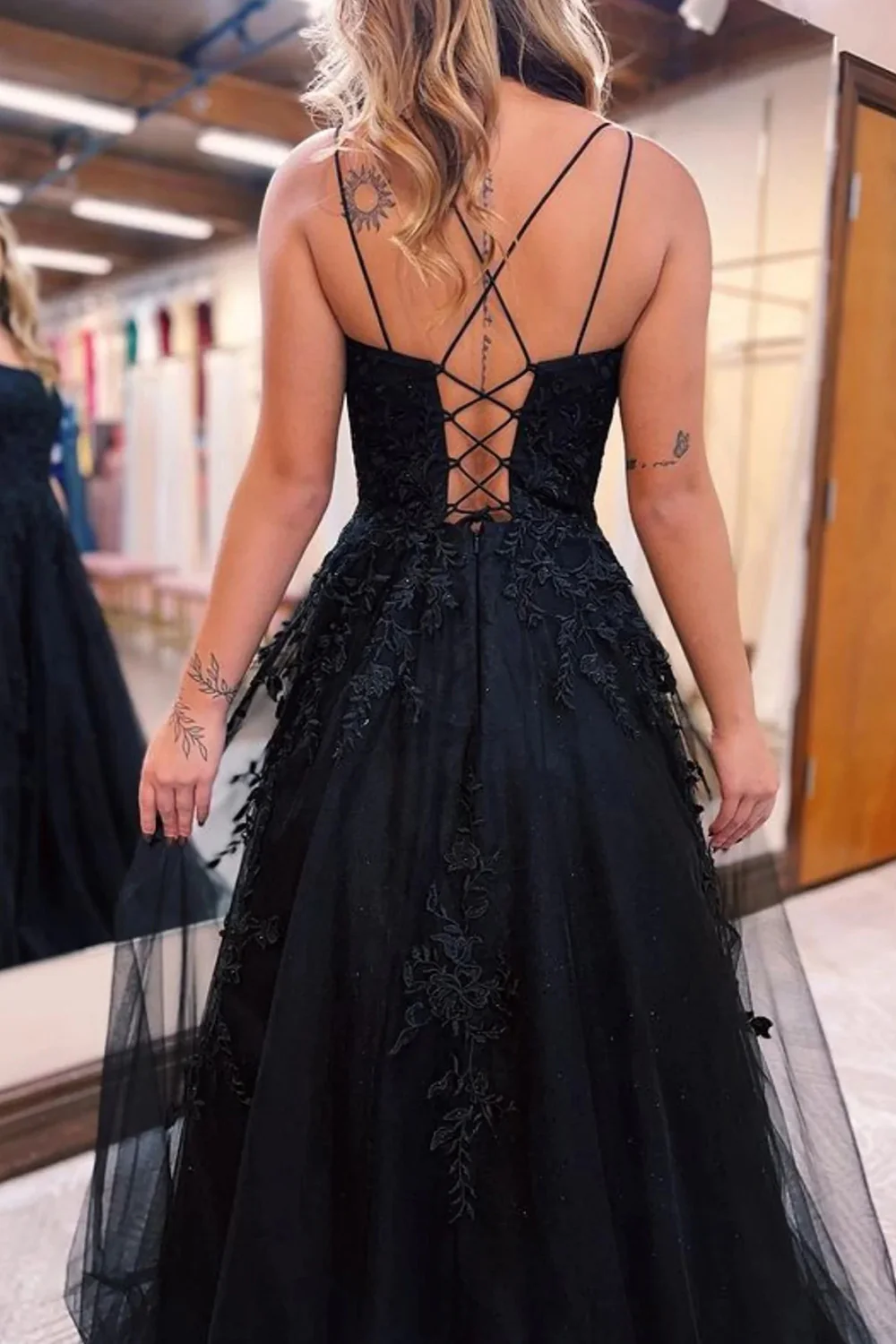 Black A-Line Tulle Long Prom Dress with Lace nv658