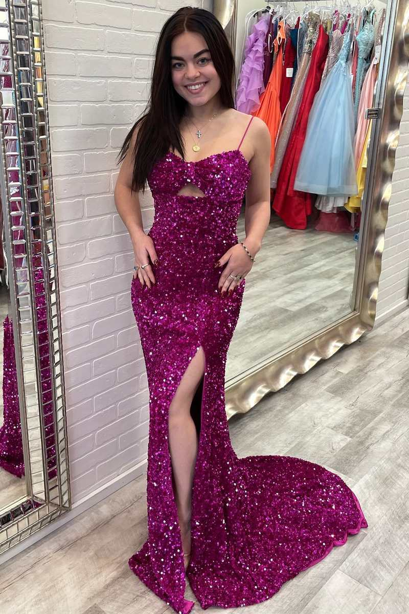 Fuchsia Sequin Keyhole Mermaid Long Prom Dress with Slit nv805