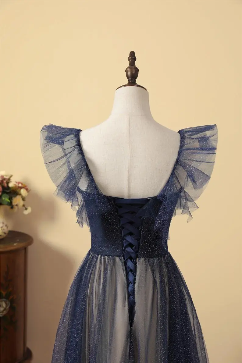 Marineblaues funkelndes A-Linien-Ballkleid aus Tüll nv612