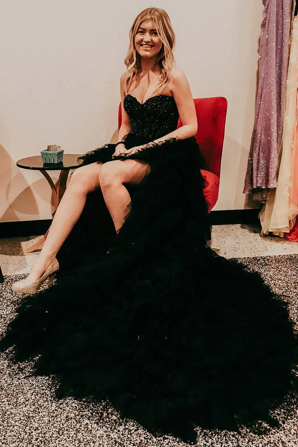 Red Beaded A-Line Tiered High Low Prom Homecoming Dress nv644