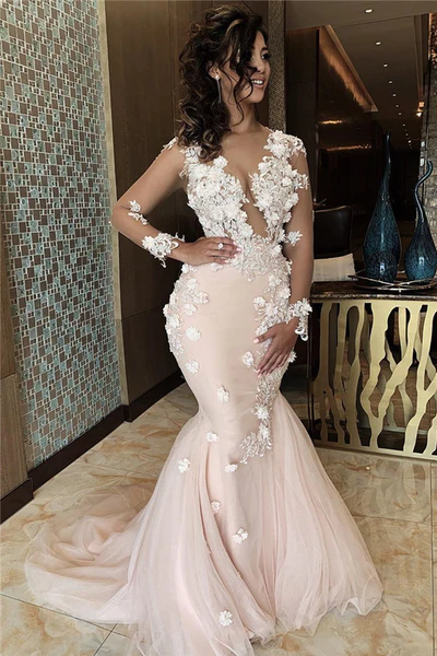 APPLIQUES MERMAID LACE PROM DRESSES V-NECK FORMAL GOWNS nv872