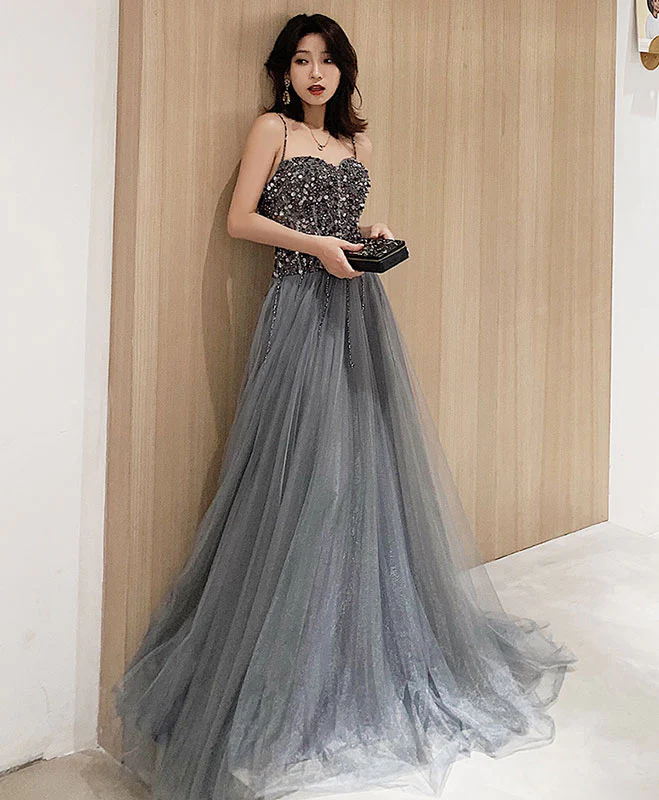 Gray Tulle Sequin Long Prom Dress Gray Tulle Formal Dress nv883