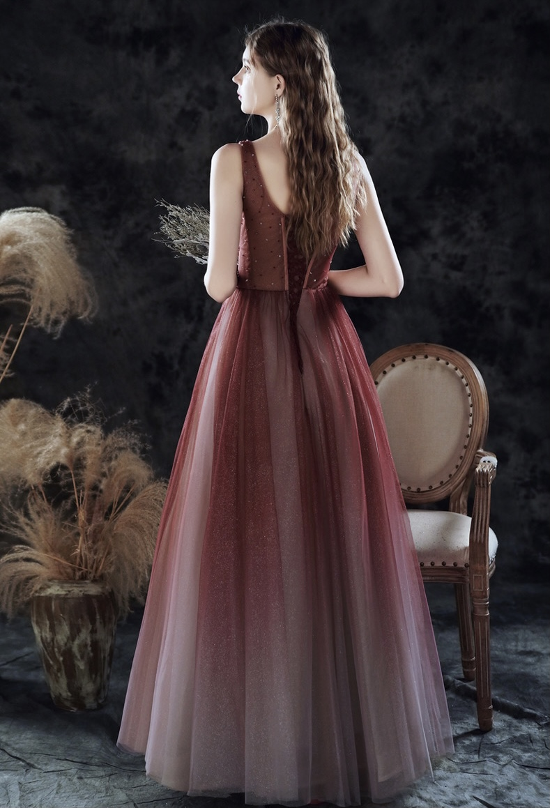 Ärmelloses Brautballkleid, neu, Sommer, rotes Ballkleid mit Farbverlauf, Partykleid mit V-Ausschnitt, nv618