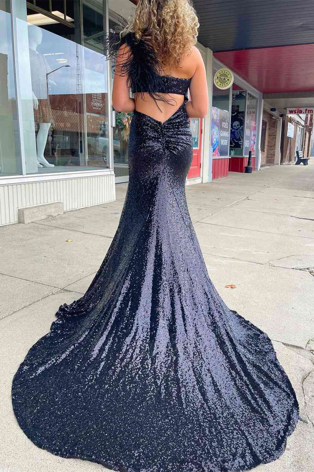 Cutout Blue One Shoulder Feathers Long Prom Dress nv837
