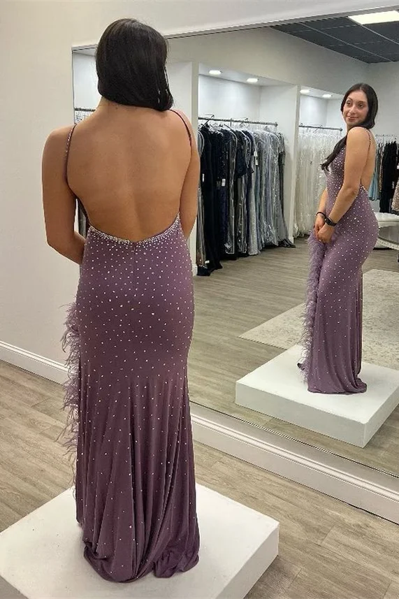Purple gorgeous exquisite beaded V-neck spaghetti straps long ball gown evening dress sleeveless slit feathers nv804