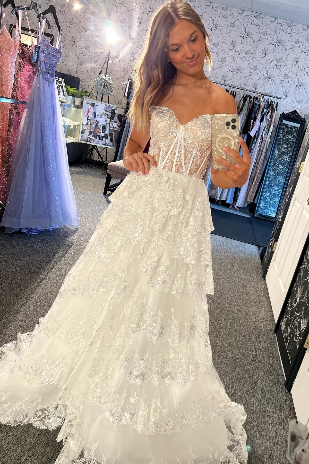 Light Blue Lace Sweetheart Tiered Long Prom Dress with Slit nv857