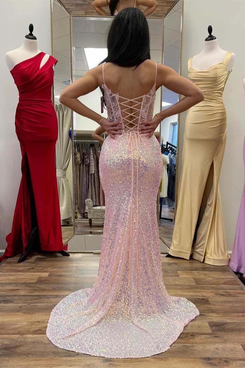 Light Blue Iridescent Sequin Floral Lace Mermaid Long Prom Dress with Slit nv803