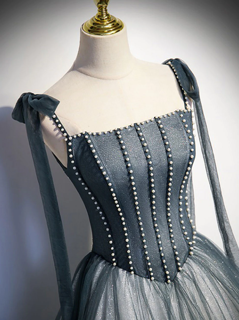 A Line Gray Long Prom Dresses, Tulle Gray Formal Graduation Dress with Beadingnv895