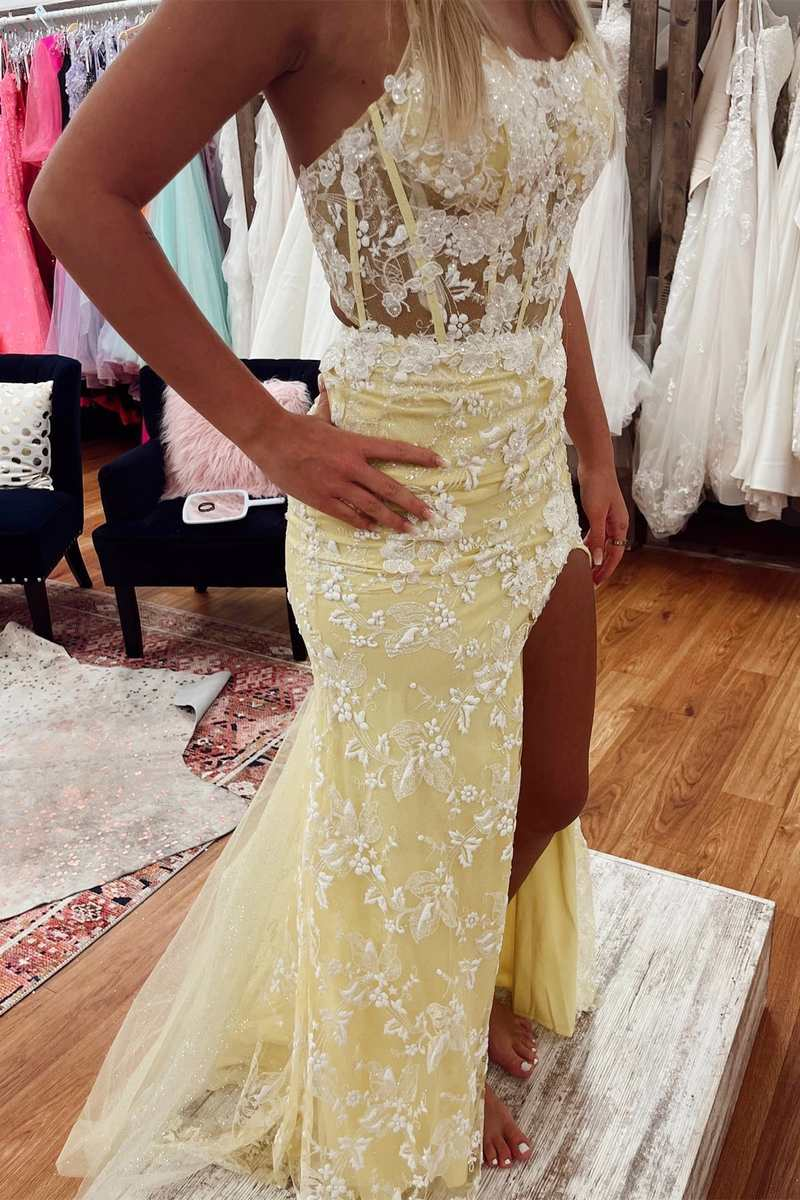 Yellow Floral Lace Backless Mermaid Long Prom Gown with Slit nv981