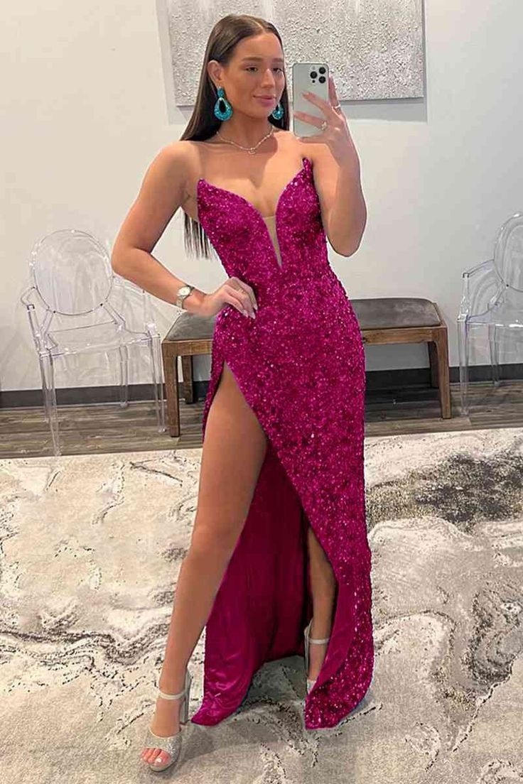 Strapless Fuchsia Sequins Long Prom Dress nv993