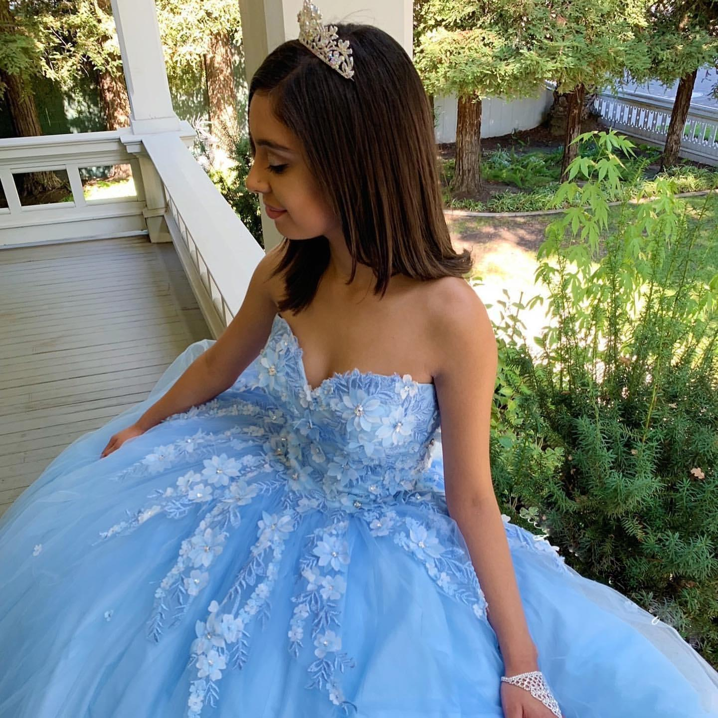 Sky Blue Princess Sexy Lace Quinceanera Prom Dresses Sweetheart Beaded Hand Made Flowers Tulle Evening Party Sweet 16 Dress Gala nv887