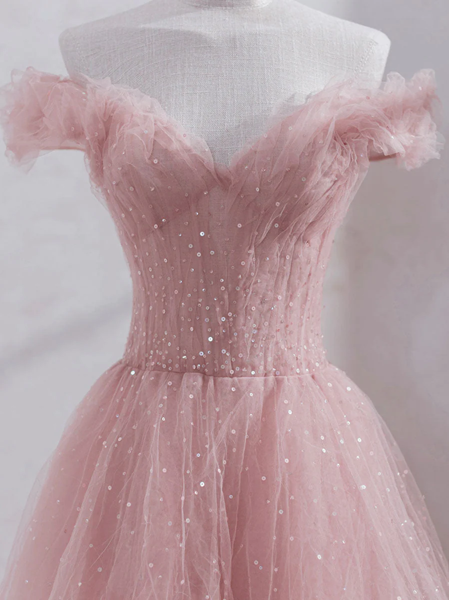 Pink Off Shoulder Tulle Tea Length Prom Dress,Pink Tulle Wedding Party Dresses nv885