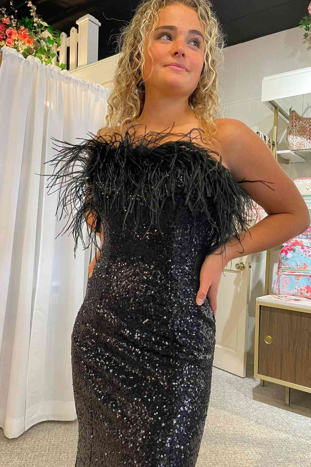 Black Strapless Feathers Long Prom Dress with Slit,Black Winter Formal Dresses nv957