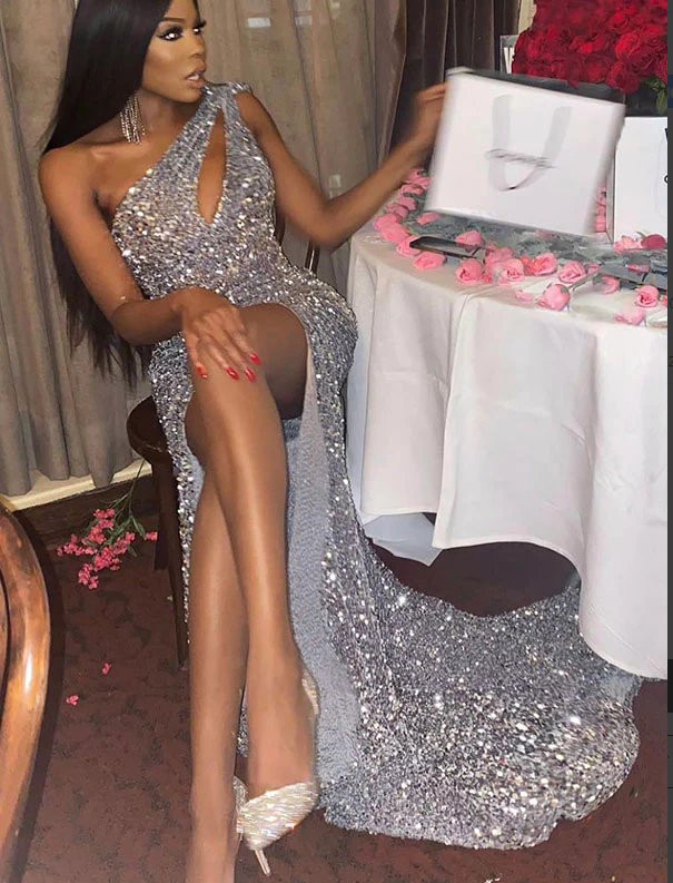 Meerjungfrau Silber Pailletten Funkelnde Einzigartige Schlichte Party Abend Lange Ballkleider nv248