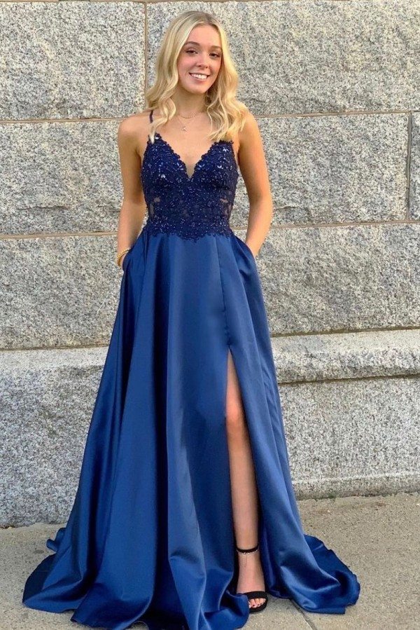 A Line Lace Satin Royal Blue Prom Dresses V Neck Spaghetti Straps nv258