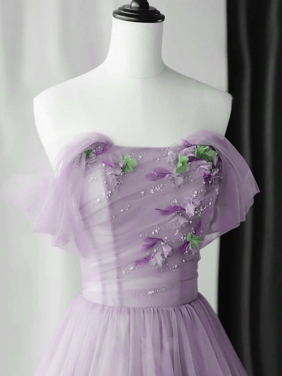 Cute Purple Tulle Sweetheart Off Shoulder Long Party Dress, A-Line Tulle Prom Dresses nv890