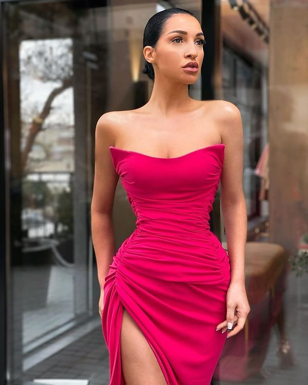 Sexy Meerjungfrau trägerloses Hot Pink langes Ballkleid mit Schlitz nv249