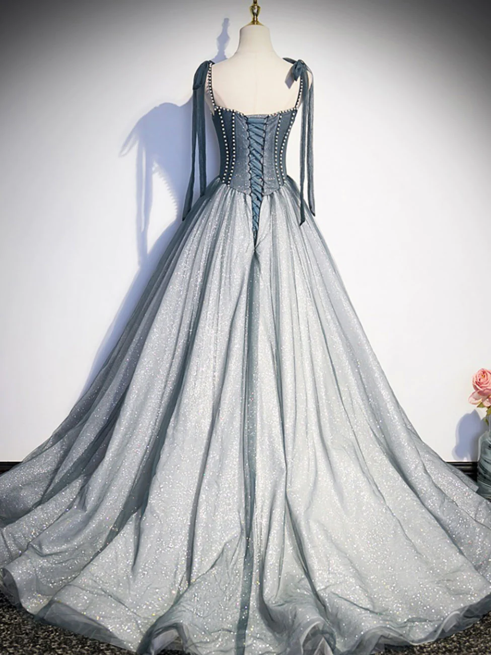 A Line Gray Long Prom Dresses, Tulle Gray Formal Graduation Dress with Beadingnv895