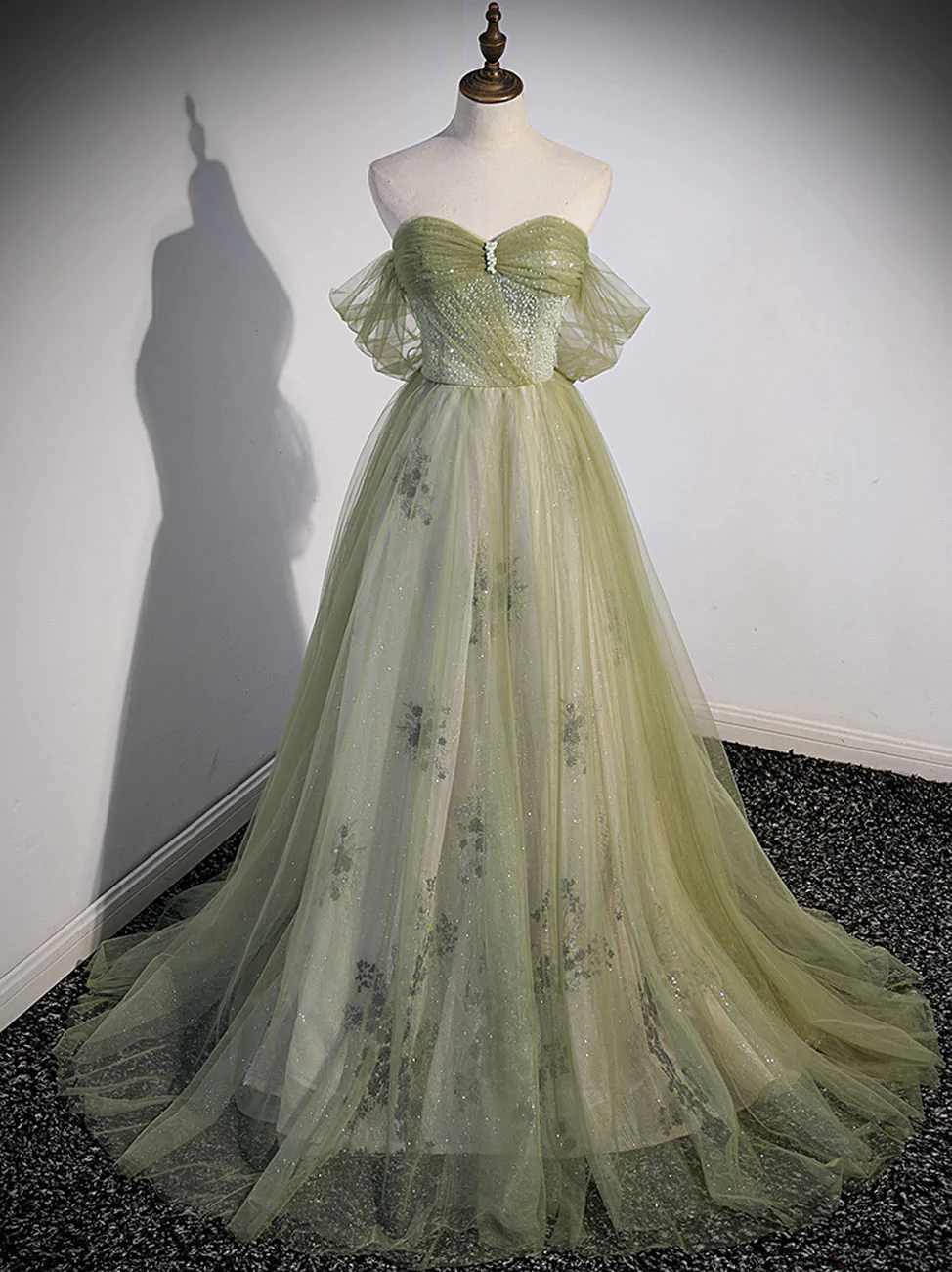 A Line Green Tulle Long Prom Dress, Green Formal Evening Dress with Beading nv549