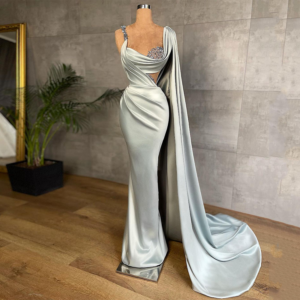 Meerjungfrau Abendkleid Ballkleid Sexy Perlenbesetztes Satin Faltenkleid Formelle Partykleider mit langem Schal nv356