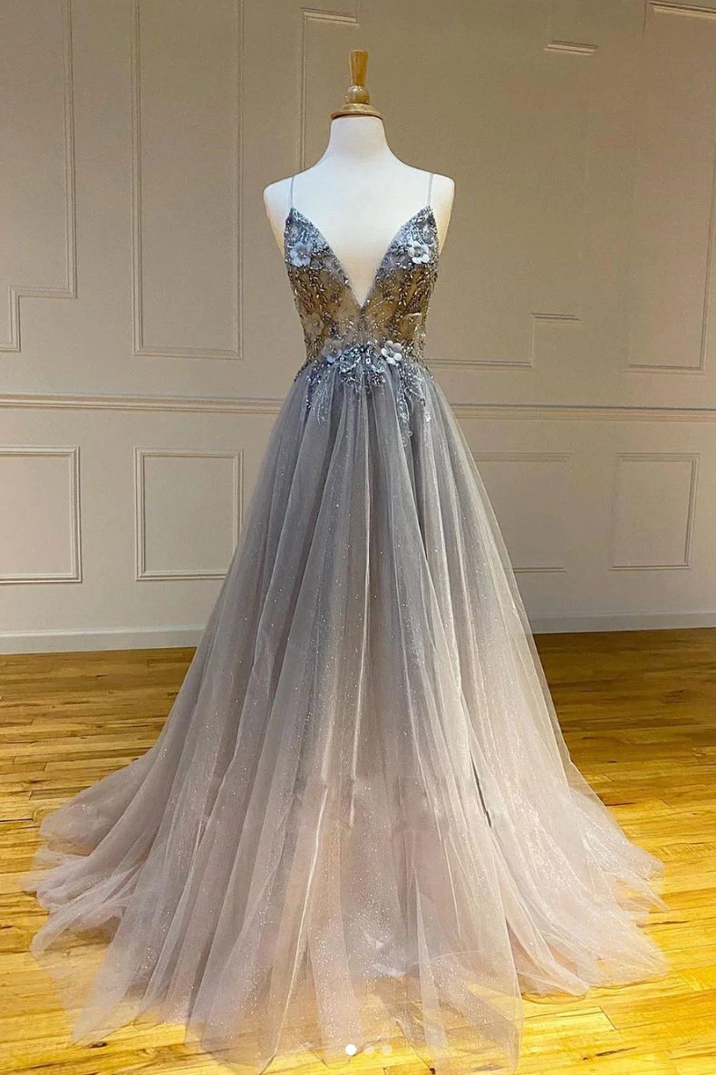 Graues langes Ballkleid aus Tüll mit V-Ausschnitt, graues Abendkleid aus Tüll, NV435