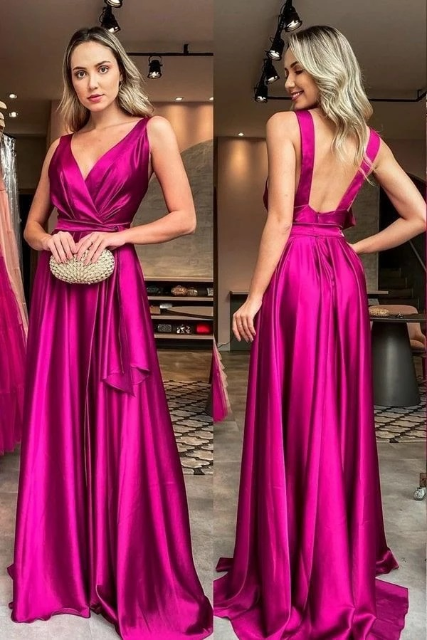 Elegantes A-Linien-Abendkleid aus Satin in Fuchsia, V-Ausschnitt, offener Rücken, Abendkleid nv484