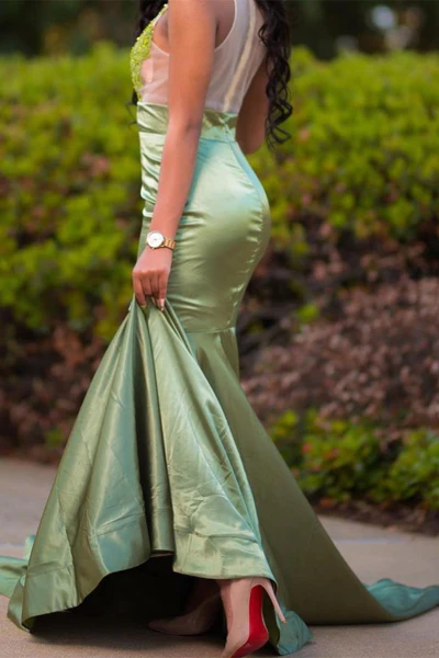 CHARMING GREEN APPLIQUES MERMAID PROM EVENING MAXI DRESS FLOOR-LENGTH SWEEP TRAIN DRESS nv931