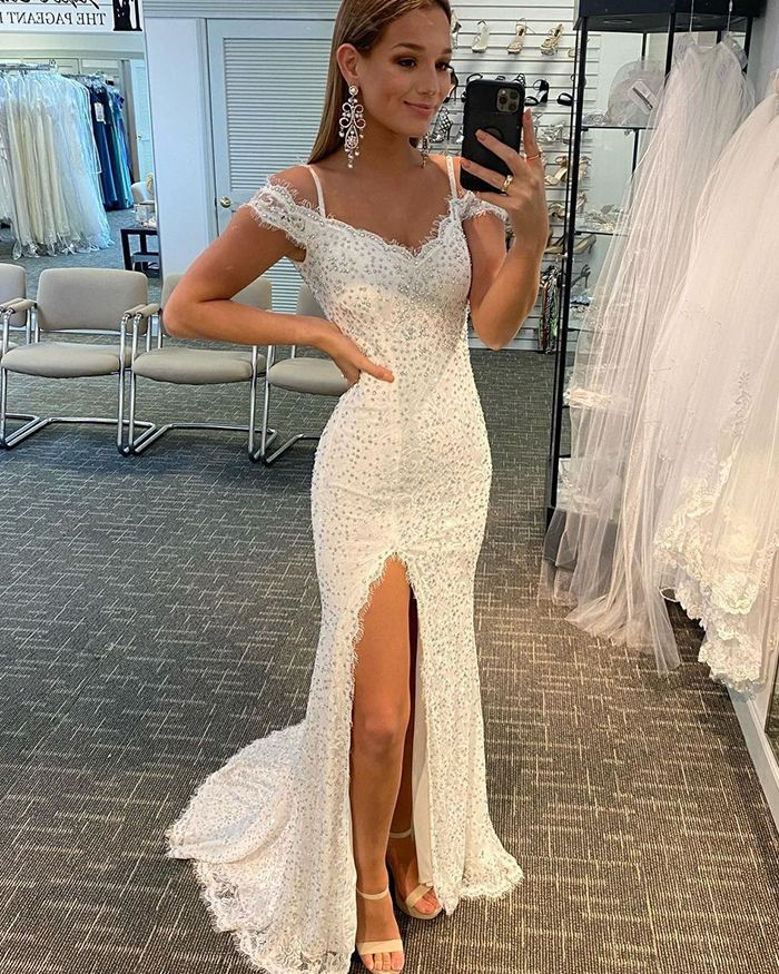 Cold Shoulder White Beading Lace Mermaid Prom Dress with Side Slit nv989
