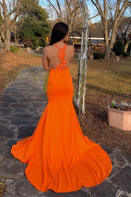 Jewel Sheer Sleeveless Appliques Orange Mermaid Prom Dresses with Side Spli nv945