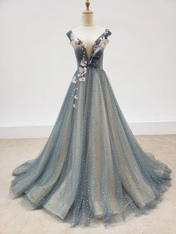 Schöne Blumen Perlen Hellgrün V-Ausschnitt Abendkleid, Tüll Abendkleid Ballkleid nv386