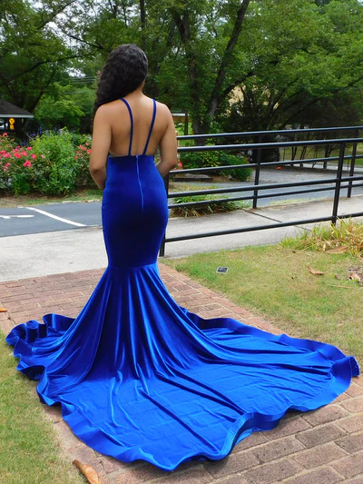 DEEP V-NECK ROYAL BLUE SPAGHETTI STRAPS MERMAID FLOWERS PROM DRESSES nv906
