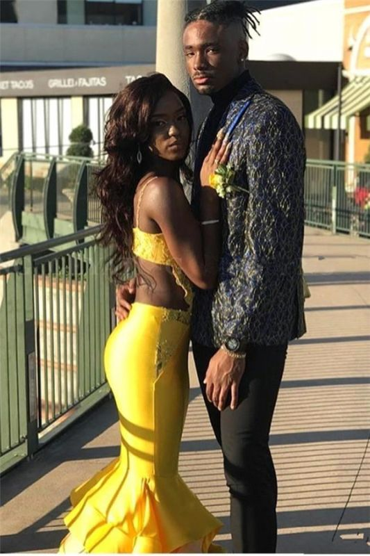 Sexy Stpaghetti-Straps Ruffles Mermaid Prom Dresses | Open-Back Appliques Sleeveless Evening Gowns nv944