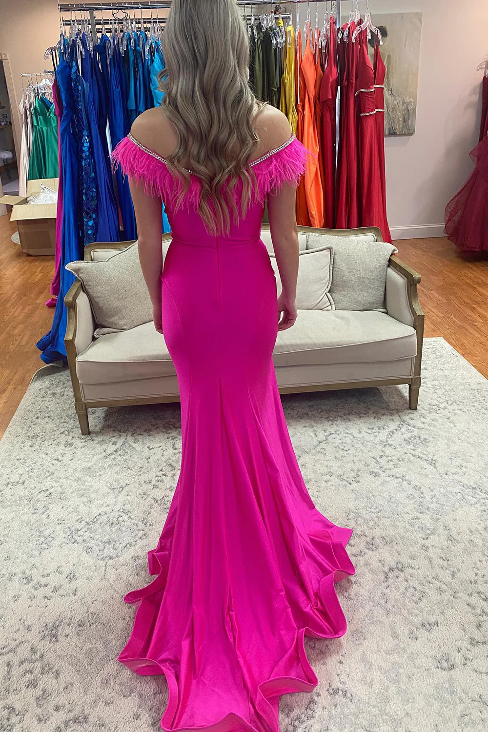 LONG MERMAID FEATHER OFF-THE-SHOULDER FUCHSIA PROM DRESS WITH SLIT nv968