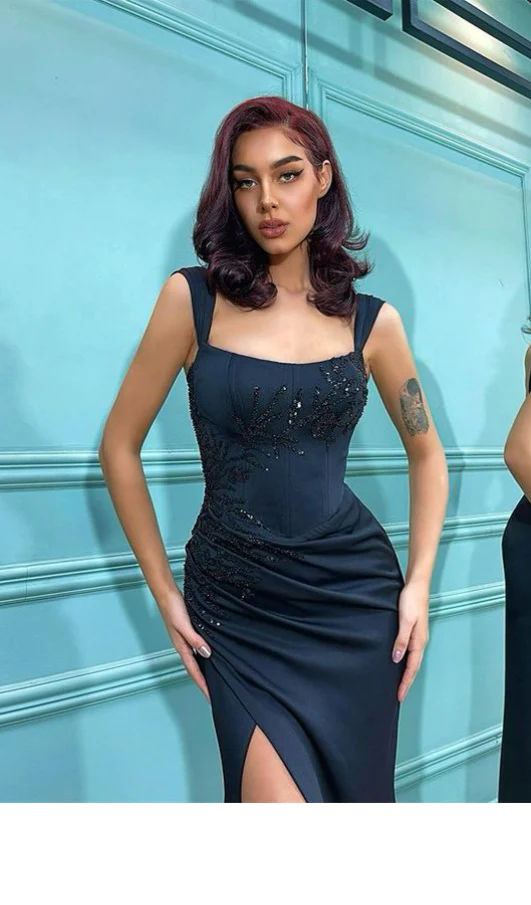 Schlichtes Meerjungfrau-Ballkleid mit seitlichem Schlitz und bodenlanger Perlenstickerei, Partykleid, Abendkleid nv311