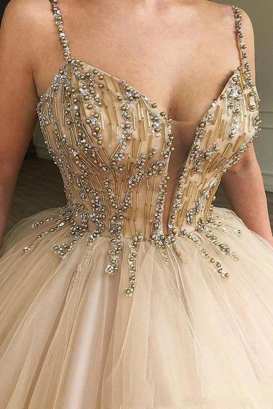 Glitzerndes Ballkleid mit Spaghettiträgern und Perlen, langes Tüll-Quinceanera-Kleid, nv196