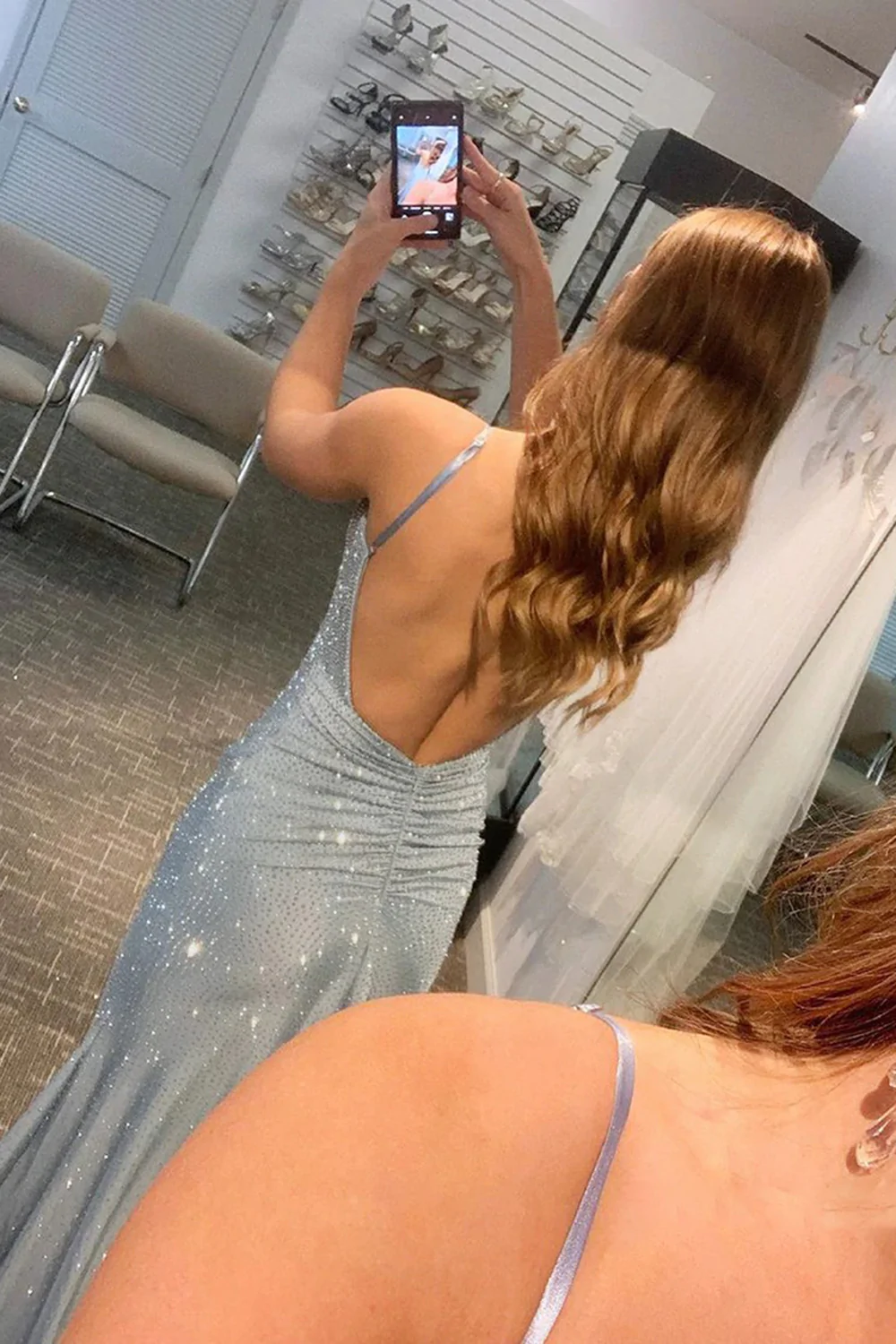 Blau glänzend elegant mit Schlitz Perlen langes Abendkleid Ballkleid Partykleid nv502