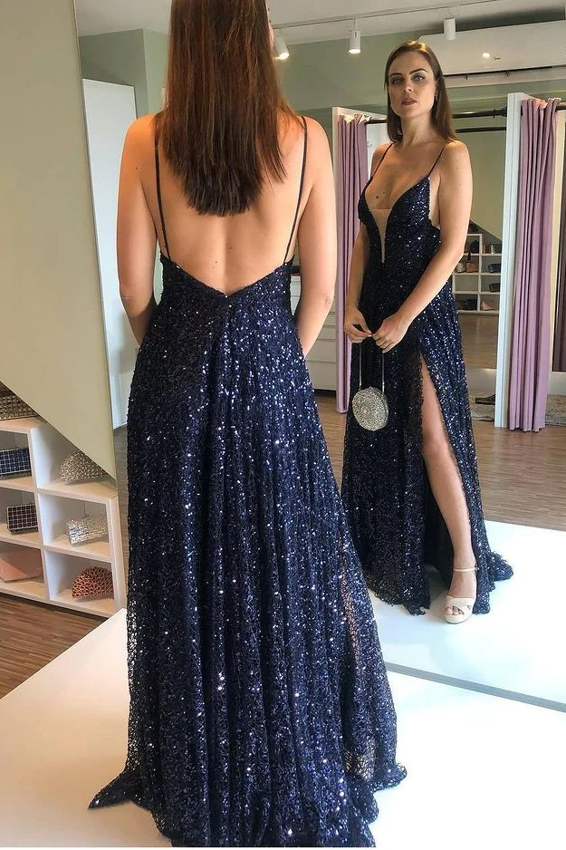 Glitzerndes Ballkleid mit Spaghettiträgern, Seitenschlitz, offenem Rücken, langem Ballkleid nv291