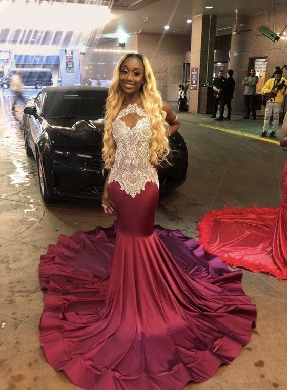 Burgunderrotes Meerjungfrau-Ballkleid mit Spitze, bezauberndes Ballkleid nv481