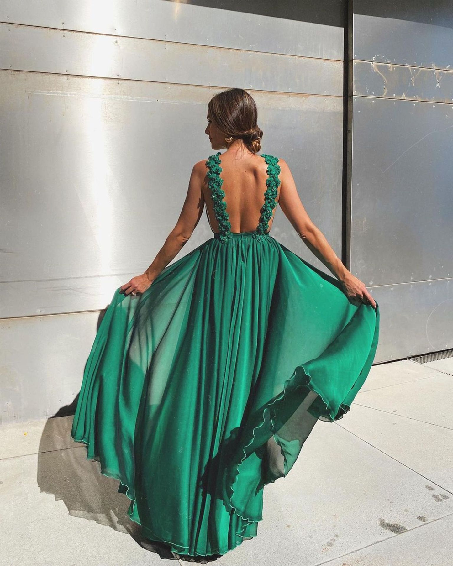 Robe de cocktail sexy verte dos nu sans manches, robe de bal trapèze dos nu nv489