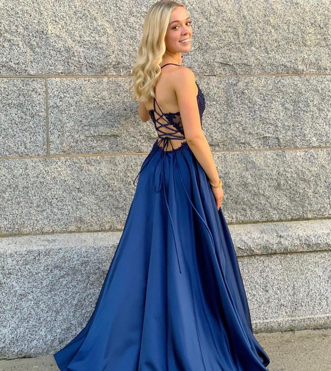 A Line Lace Satin Royal Blue Prom Dresses V Neck Spaghetti Straps nv258
