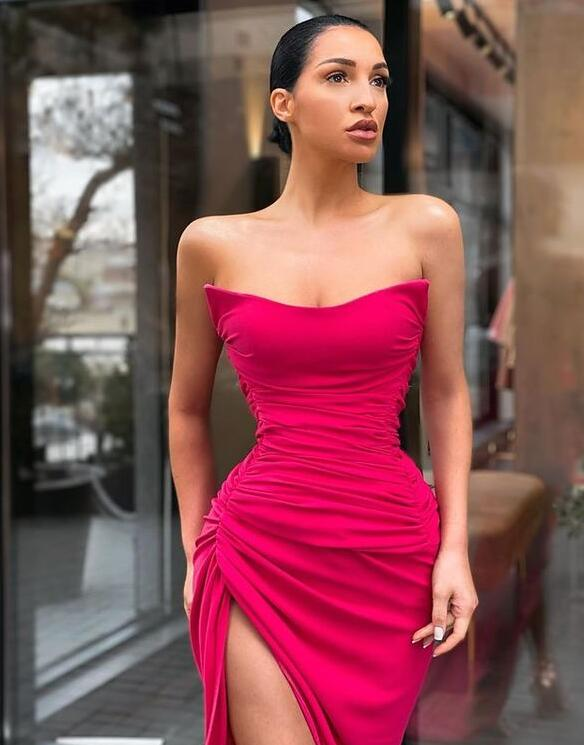 Meerjungfrau trägerloses Hot Pink Ballkleid mit Schlitz nv380