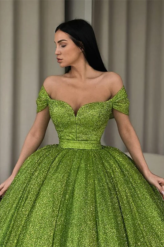 Elegantes schulterfreies grünes A-Linien-Ballkleid mit Pailletten nv323