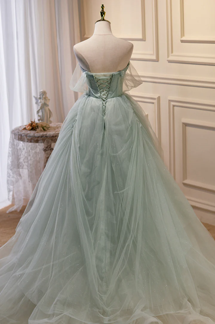 Green Tulle Beaded Ball Gown Off Shoulder Party Dress, Green Sweet 16 Dress nv891