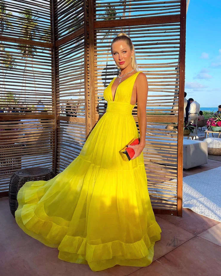 Charming A Line V Neck Yellow Chiffon Evening Dresses nv975