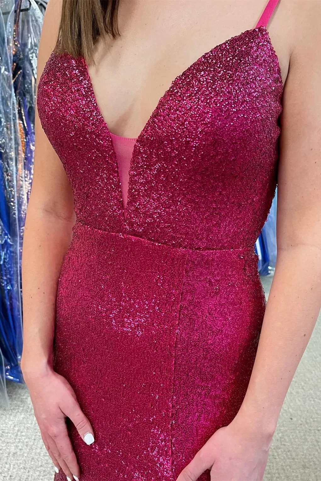 Fuchsia Pailletten Meerjungfrau langes Ballkleid mit Schlitz nv337